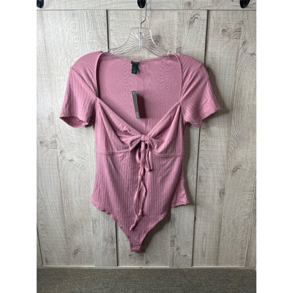 Pink Ribbed Tie-Front Bodysuit Wild Fable Polyester Blend Short Sleeve Medium